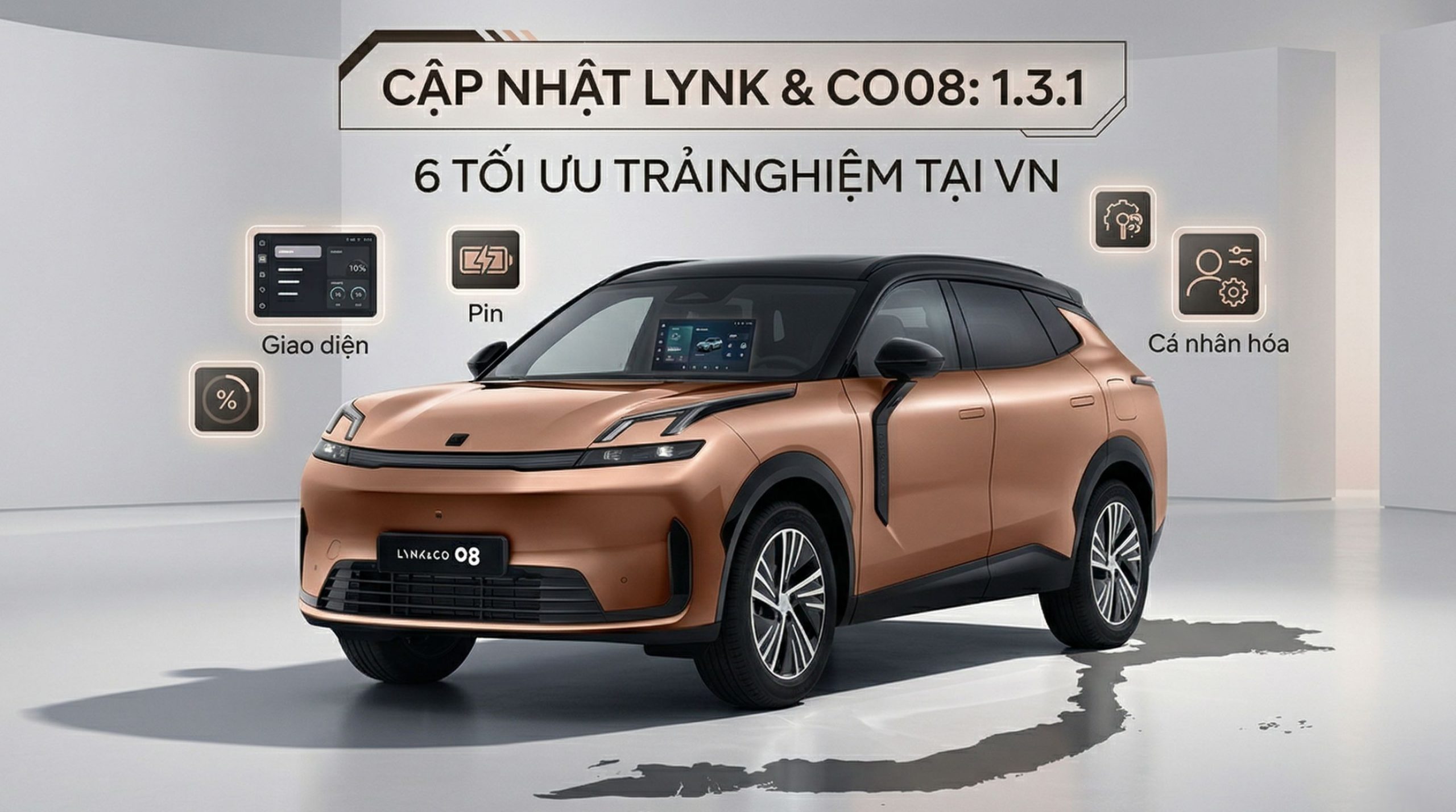 Xe ô tô Lynk & Co 08 màu đồng với các biểu tượng tính năng cập nhật phần mềm 1.3.1 bao gồm giao diện, pin và cá nhân hóa