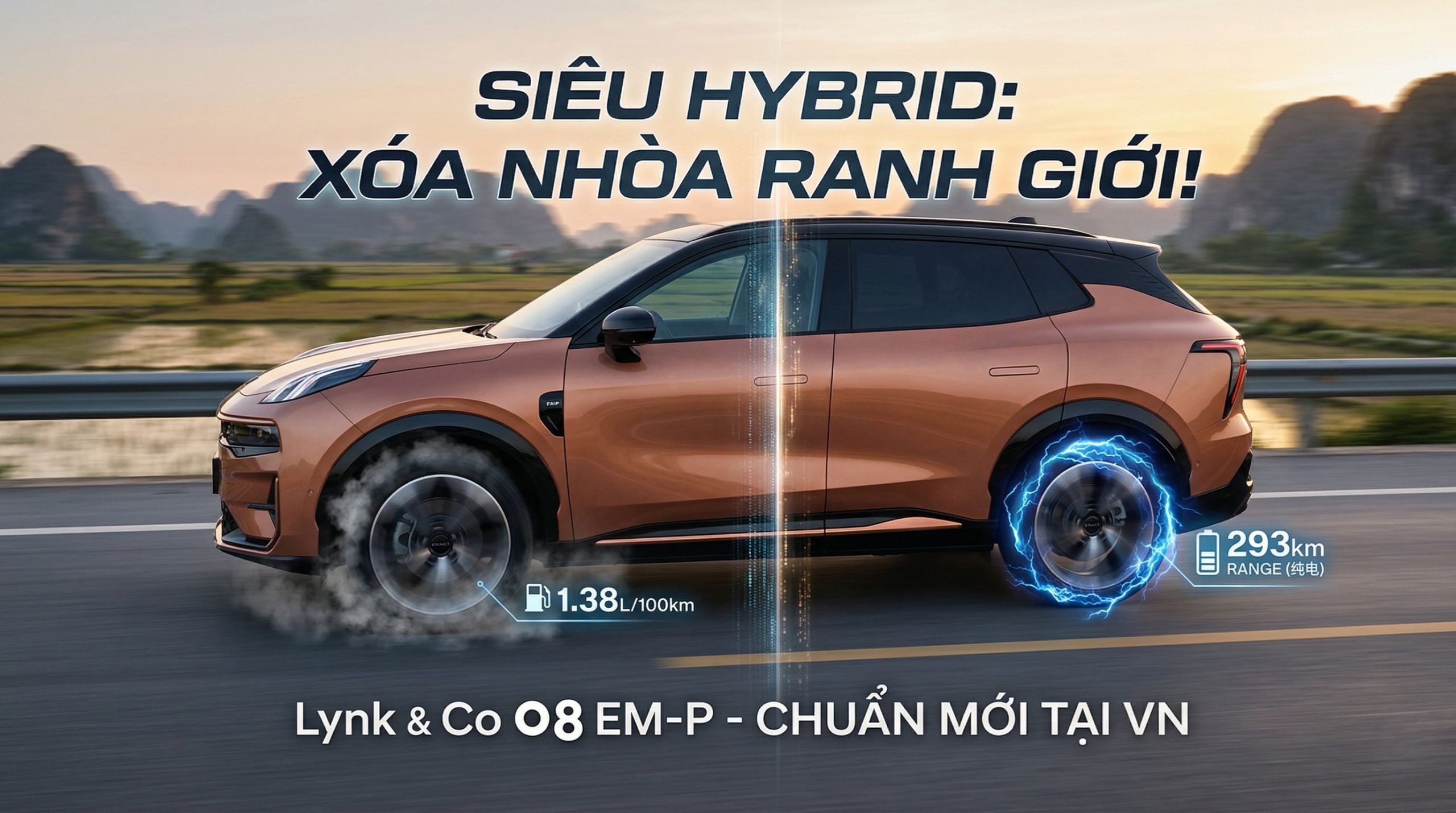 Xe Lynk & Co 08 EM-P đang di chuyển trên đường với đồ họa thể hiện mức tiêu thụ 1.38L/100km và phạm vi chạy điện 293km
