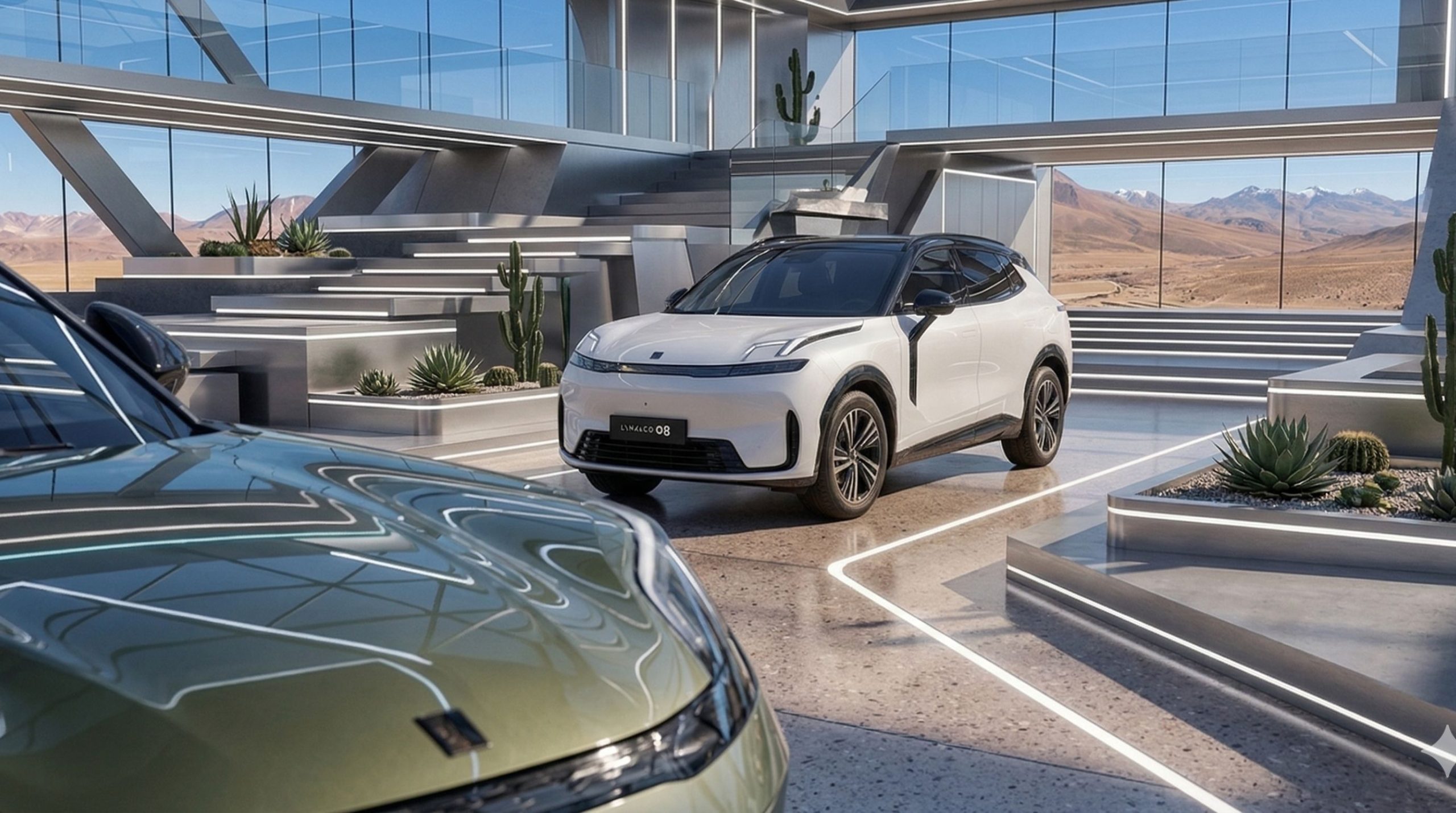 Xe Lynk & Co 08 màu trắng đỗ trong showroom hiện đại với kiến trúc kính và tiểu cảnh sân vườn cao cấp