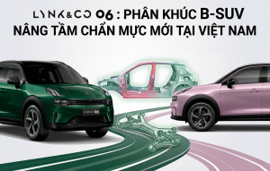 Hình ảnh tổng quan về thông số kỹ thuật Lynk & Co 06 tại Việt Nam, hiển thị hai phiên bản màu xanh và hồng. Nổi bật là hệ thống treo sau độc lập đa liên kết (hiệu chỉnh), cùng các thông tin cốt lõi: động cơ 1.5L Turbo 178 HP, công nghệ an toàn ADAS với Camera 540 độ và chính sách bảo hành 6 năm duy nhất phân khúc B-SUV.