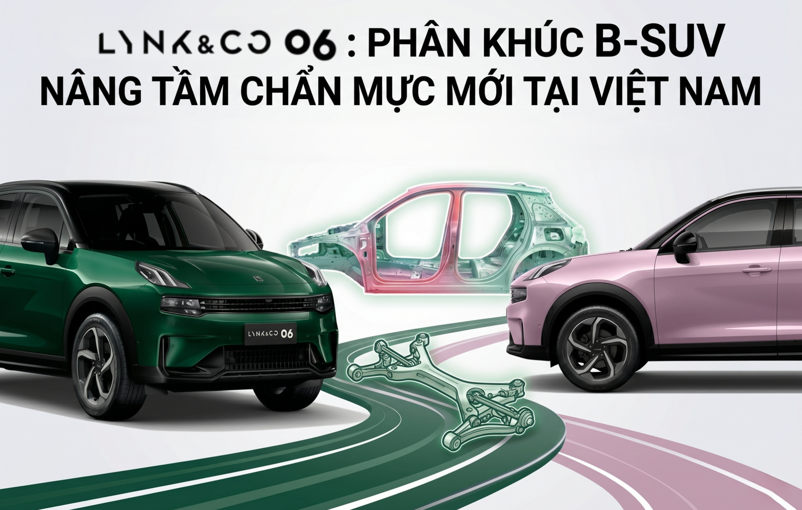 Hình ảnh tổng quan về thông số kỹ thuật Lynk & Co 06 tại Việt Nam, hiển thị hai phiên bản màu xanh và hồng. Nổi bật là hệ thống treo sau độc lập đa liên kết (hiệu chỉnh), cùng các thông tin cốt lõi: động cơ 1.5L Turbo 178 HP, công nghệ an toàn ADAS với Camera 540 độ và chính sách bảo hành 6 năm duy nhất phân khúc B-SUV.