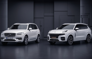 So sánh xe Lynk & Co 09 màu trắng và Volvo XC90 màu trắng trong studio tối giản hạng sang