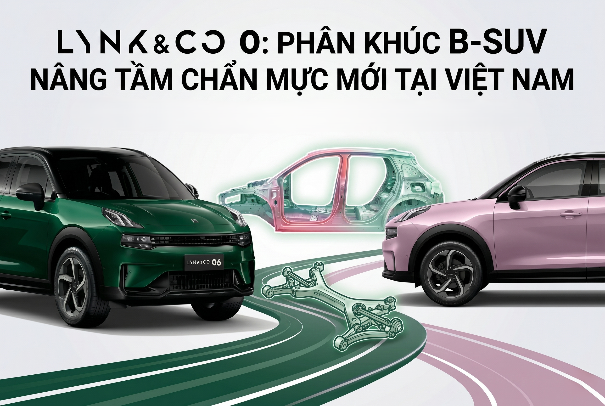Hình ảnh tổng quan về thông số kỹ thuật Lynk & Co 06 tại Việt Nam, hiển thị hai phiên bản màu xanh và hồng. Nổi bật là hệ thống treo sau độc lập đa liên kết (hiệu chỉnh), cùng các thông tin cốt lõi: động cơ 1.5L Turbo 178 HP, công nghệ an toàn ADAS với Camera 540 độ và chính sách bảo hành 6 năm duy nhất phân khúc B-SUV.