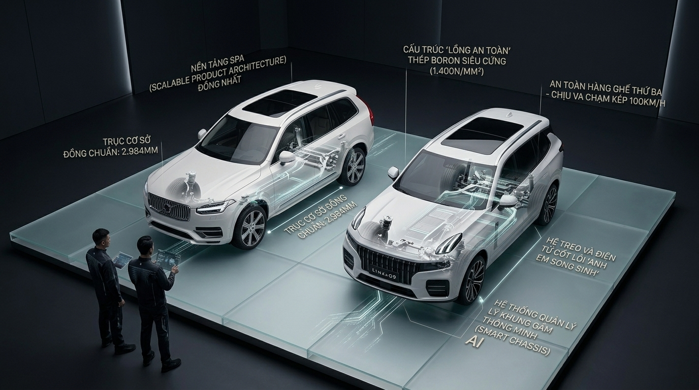 So sánh kiến trúc SPA và cấu trúc lồng an toàn của Volvo XC90 và Lynk & Co 09