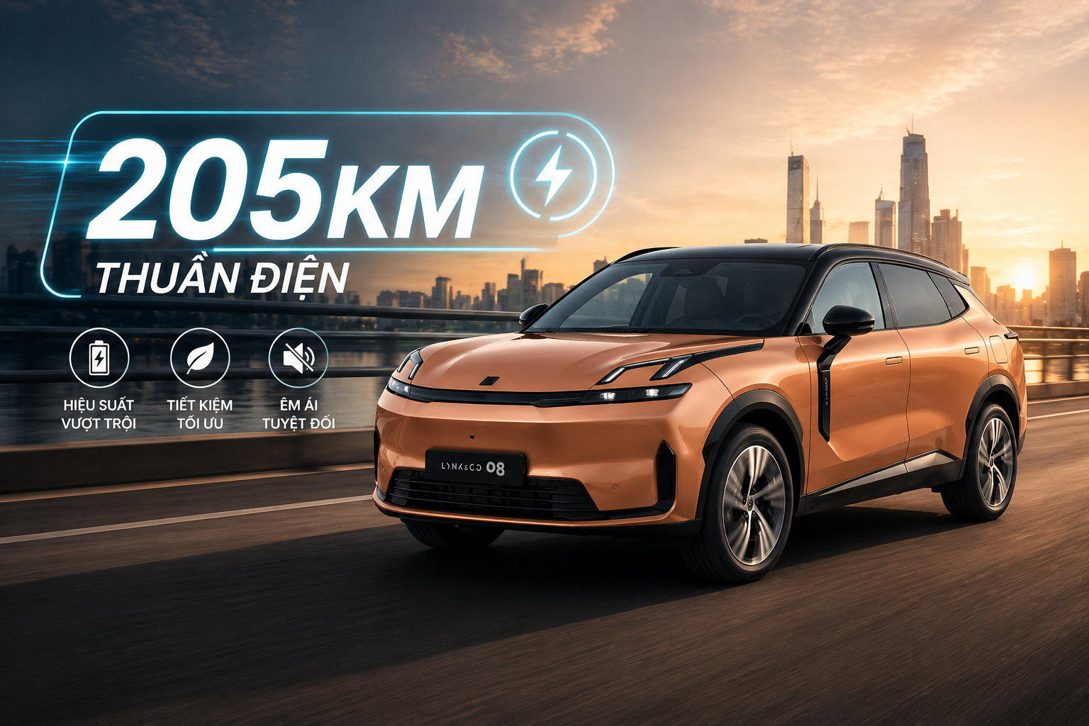 Khám phá Lynk & Co 08 EM-P với khả năng chạy thuần điện lên tới 205km, công nghệ hybrid tiên tiến, vận hành mạnh mẽ và tiết kiệm vượt trội trong phân khúc SUV tại Việt Nam.