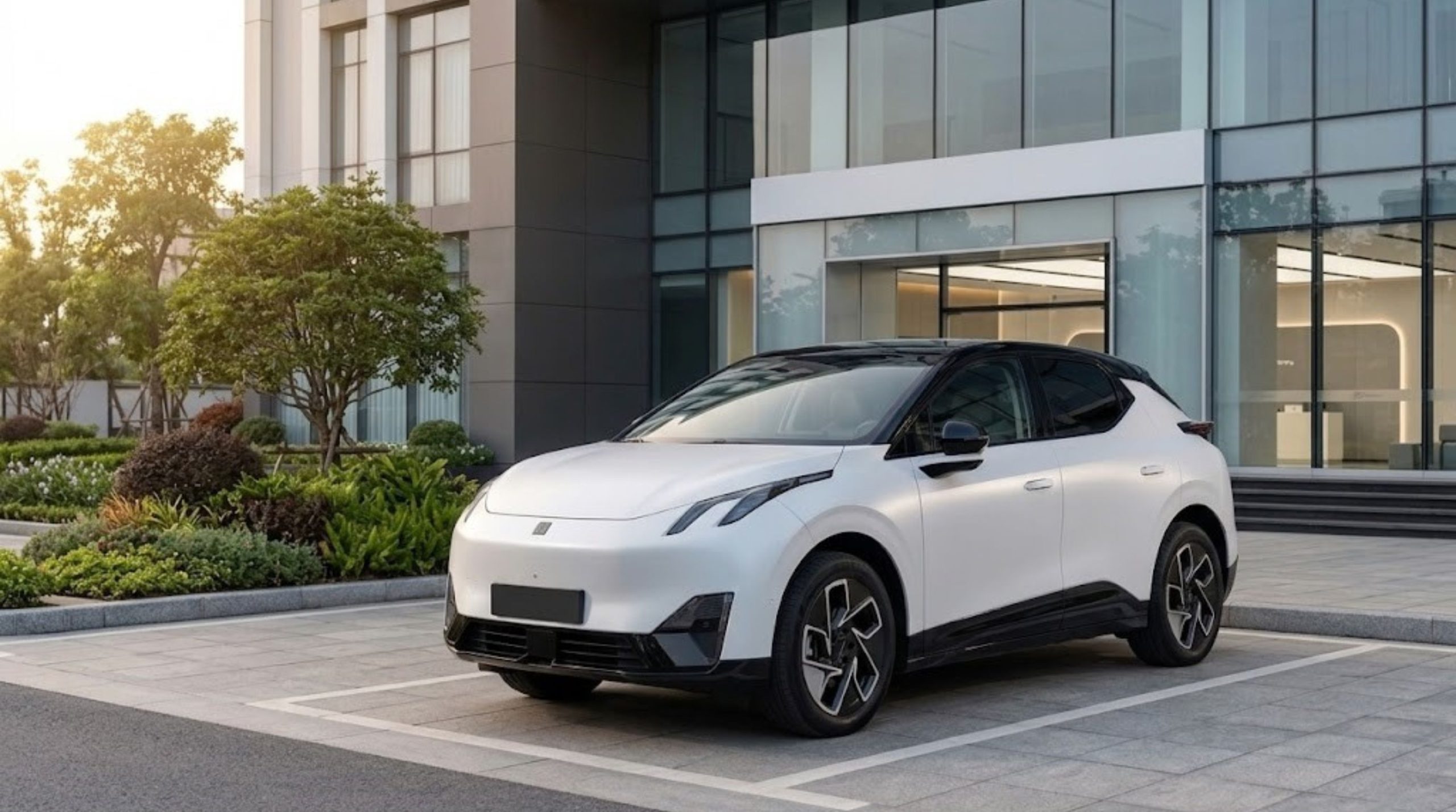 Hình ảnh ngoại thất tuyệt đẹp của một chiếc xe ô tô SUV điện màu trắng với thiết kế tương lai, đỗ trong khuôn viên lát gạch sang trọng trước một tòa nhà hiện đại dưới ánh nắng hoàng hôn