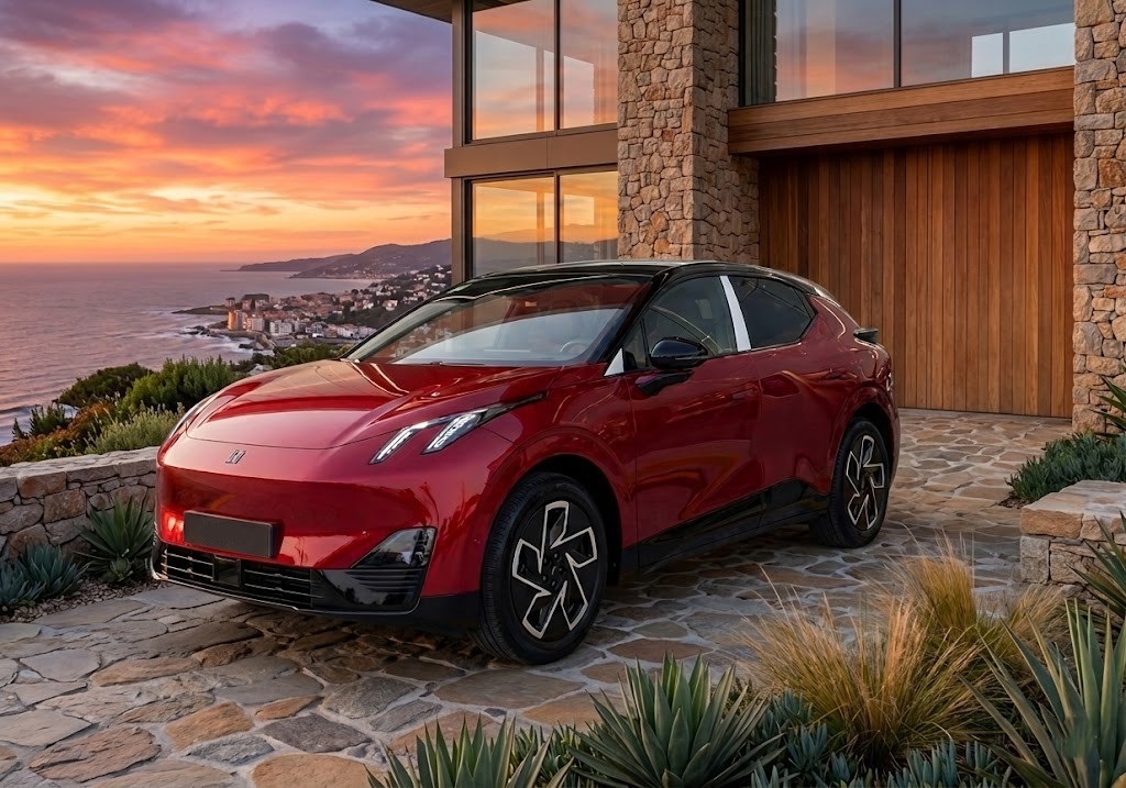 Hình ảnh tuyệt đẹp của một chiếc xe SUV điện màu đỏ hiện đại đỗ trên sân lát đá trước một căn biệt thự cao cấp. Phía sau là khung cảnh bờ biển lãng mạn và bầu trời rực rỡ dưới ráng chiều hoàng hôn