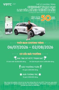 Check-in VETC Trạm Sạc - Lan Tỏa Hành Trình Xanh 2026 với tổng giá trị giải thưởng 50 triệu đồng dành cho tư vấn bán hàng của Tasco Auto và Greenlynk.