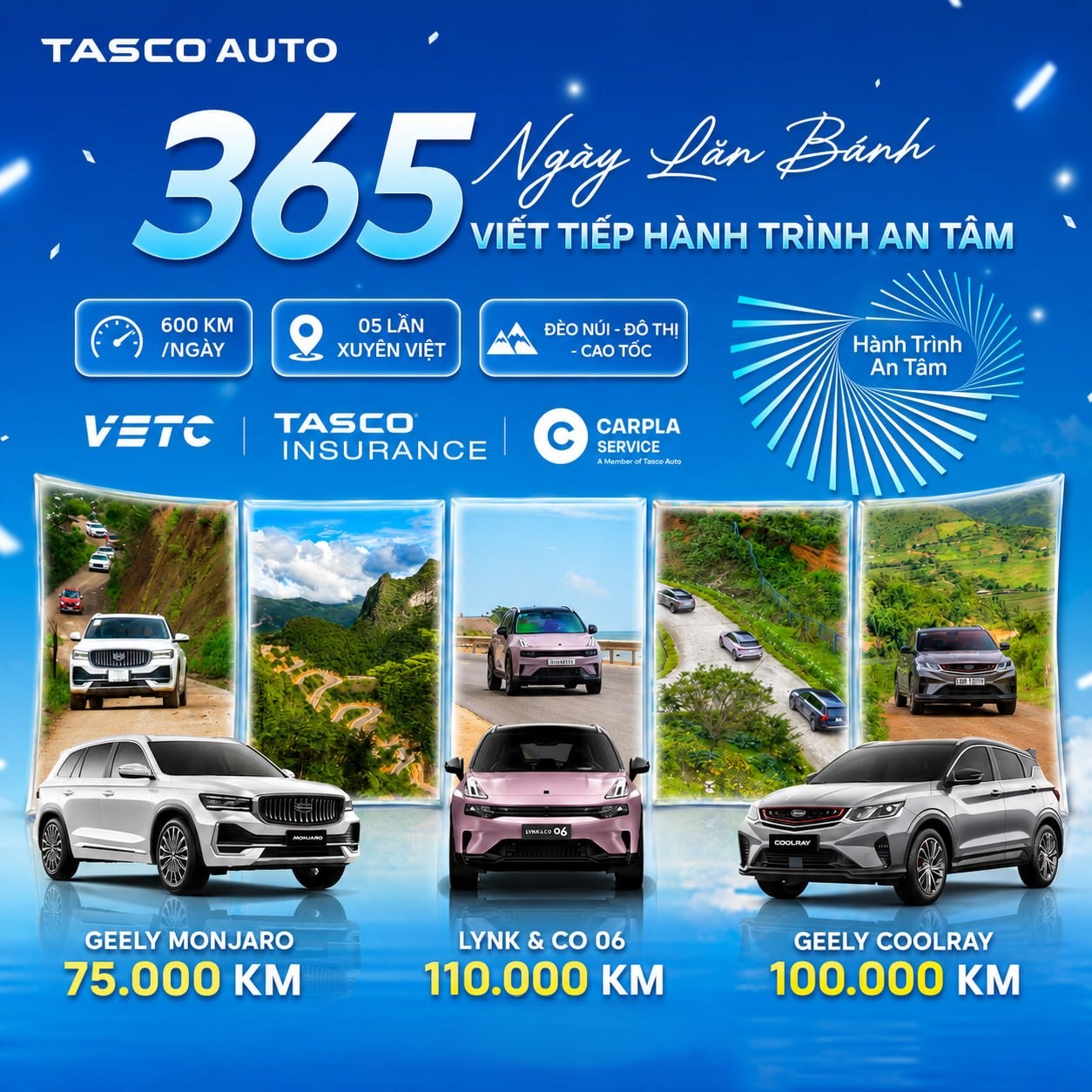 Lynk & Co 06 vượt mốc 110.000 km trong Hành trình An tâm của Tasco Auto, cùng Geely Monjaro 75.000 km và Geely Coolray 100.000 km chinh phục nhiều cung đường tại Việt Nam.